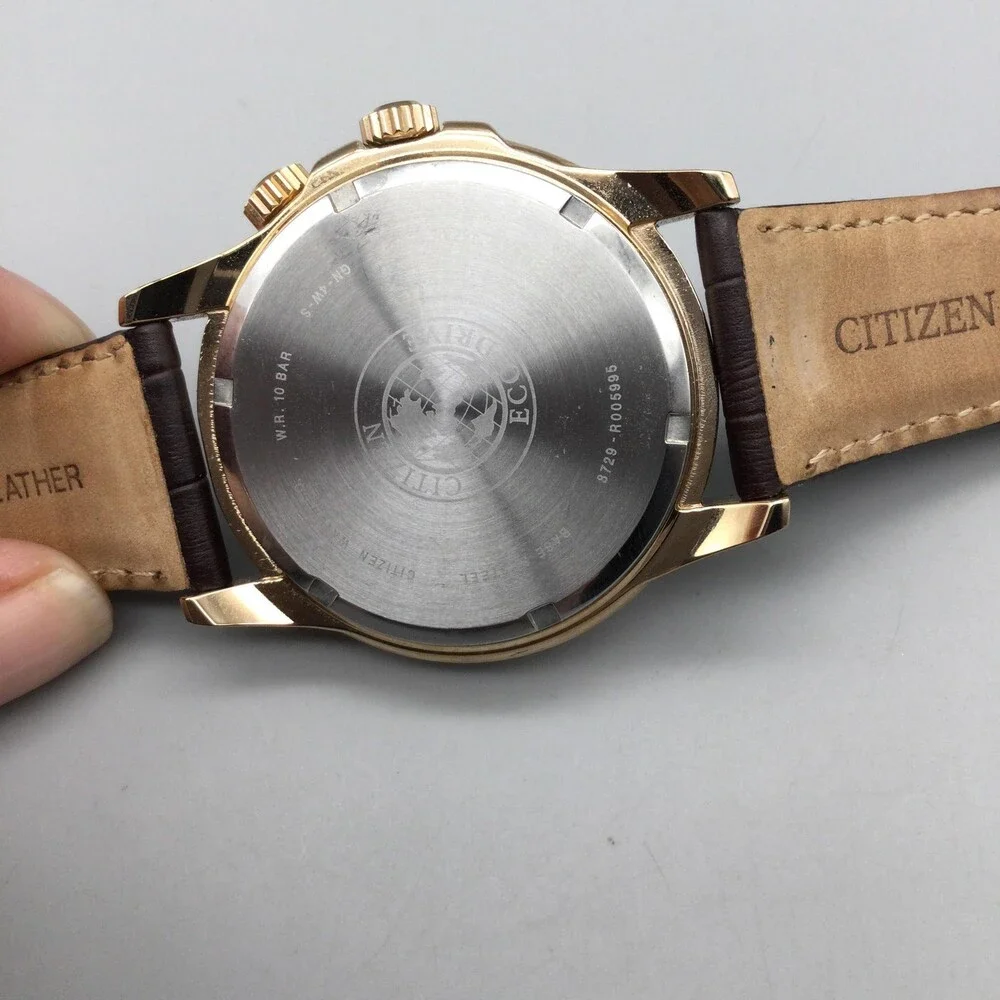 Citizen Eco-Drive Mens Watch 44mm Black Dial Gold Tone Brown Leather World Time